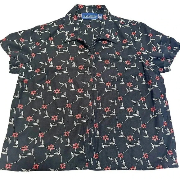 Y2k Black embroidered floral button up shirt size large - Picture 1 of 6